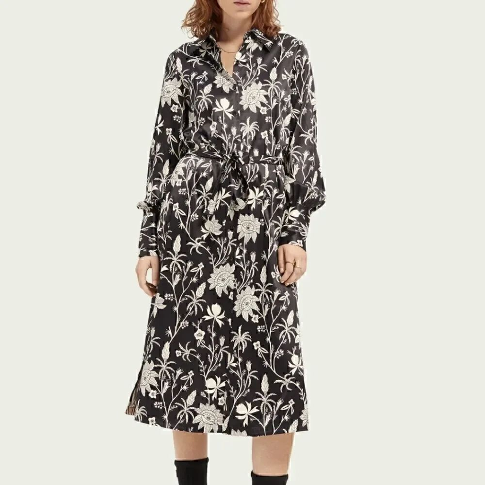 Scotch & Soda Atterly Black and white floral "silk" shirt dress.
